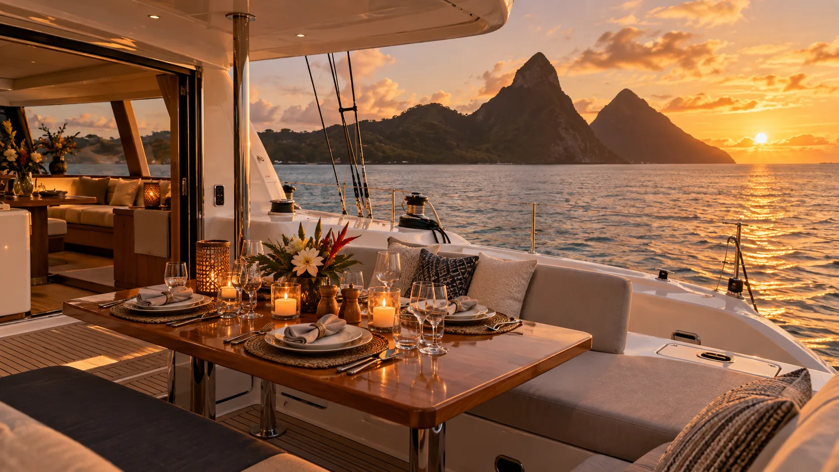Intimate private dining on deck at golden hour