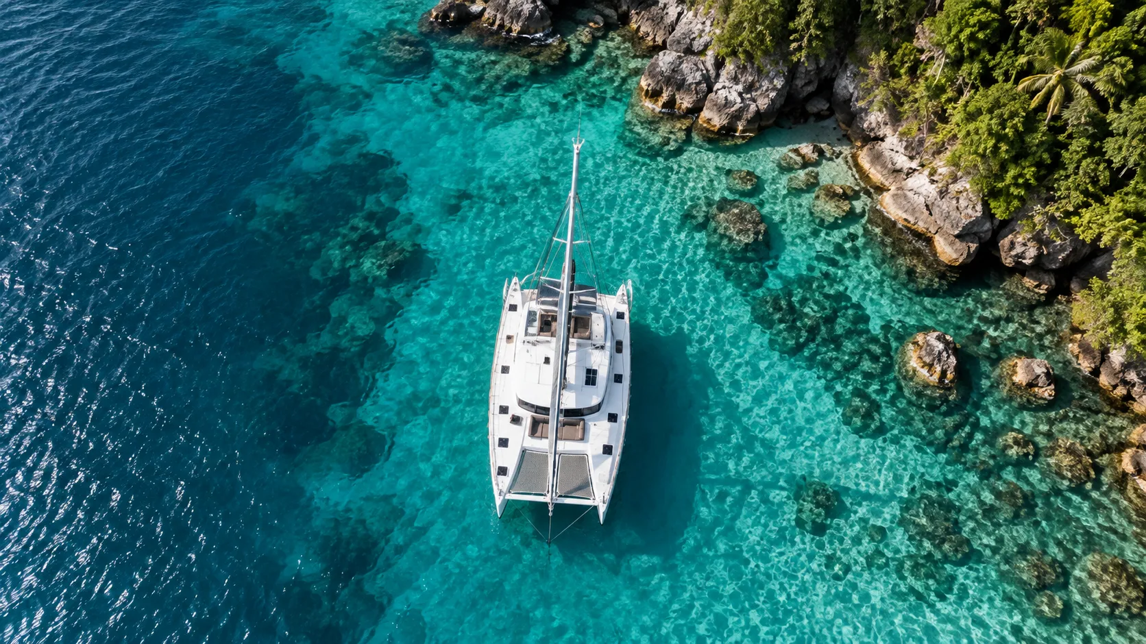 Catamaran anchored in majestic secluded bay